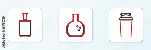 Set line Fitness shaker, Travel suitcase and Test tube and flask icon. Vector