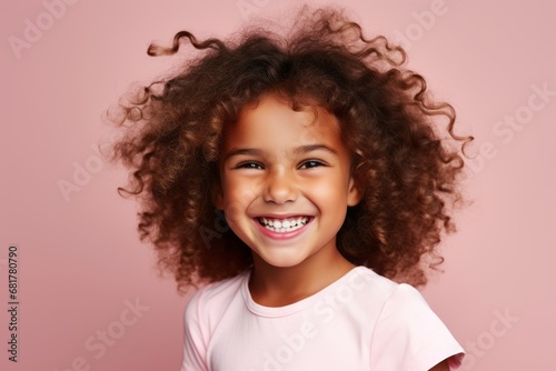 Funny african american little girl with curly hair on pink background