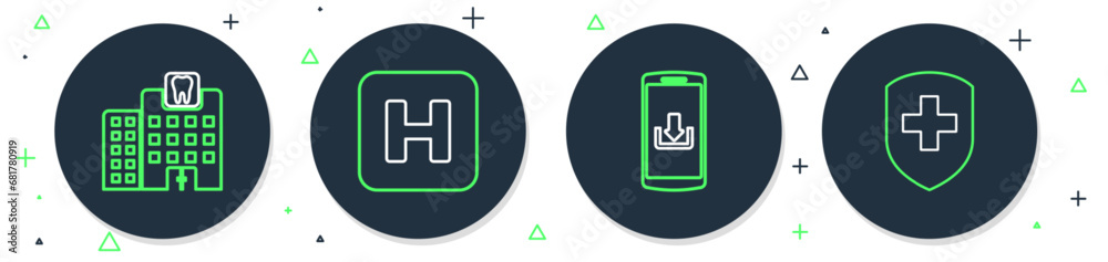 Set line Hospital, Smartphone with download, Dental clinic and Medical shield cross icon. Vector Set line Hospital, Smartphone with download, Dental clinic and Medical shield cross icon. Vector