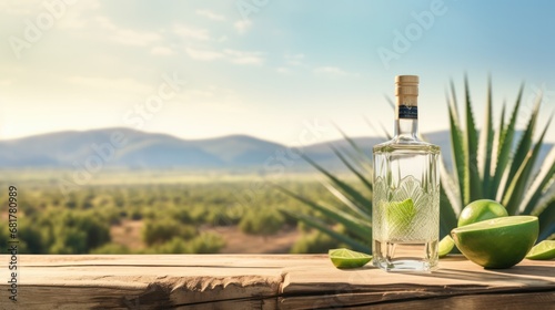 Refreshing Agave Margarita - Tequila Bottle and Lime Slice on Rustic Wooden Table with Scenic Mexican Landscape in Background photo