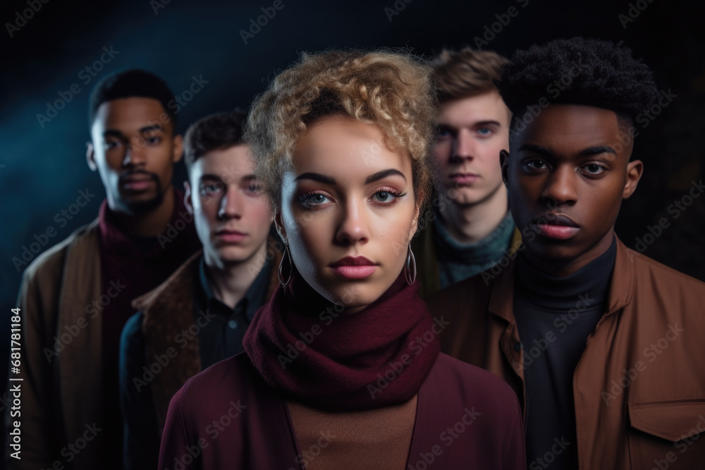Group of people standing together in front of dark background. This versatile image can be used in various contexts Group of people standing together in front of dark background. This versatile image can be used in various contexts