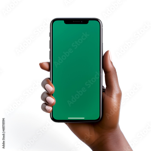 Smartphone chroma key screen used in a grocery shopping context, perfect for demonstrating apps or digital promotions. Black skinned hand holds mobile phone with green screen on white background