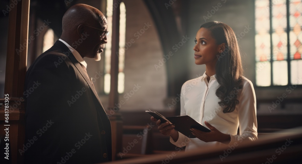 Christian Priest in Church Counseling African American Female Parishioner on Faith and Religion.