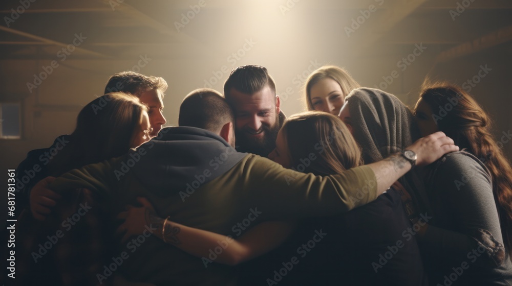 Isolated Caucasian Young People Gathered in Indoor Room for Addiction Counseling, Celebrating Recovery by Hugging Each Other as Happy Anonymous Alcoholics Team Isolated Caucasian Young People Gathered in Indoor Room for Addiction Counseling, Celebrating Recovery by Hugging Each Other as Happy Anonymous Alcoholics Team