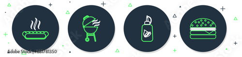 Set line Barbecue grill, Ketchup bottle, Hotdog sandwich and Burger icon. Vector