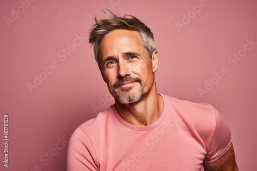 Portrait of a handsome mature man in pink t-shirt.