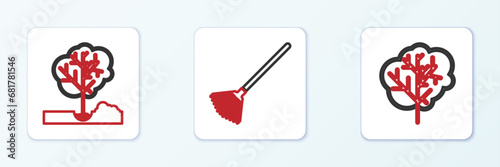 Set line Tree, Garden saw and rake for leaves icon. Vector