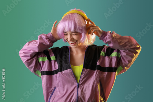 Stylish young woman in wig ...