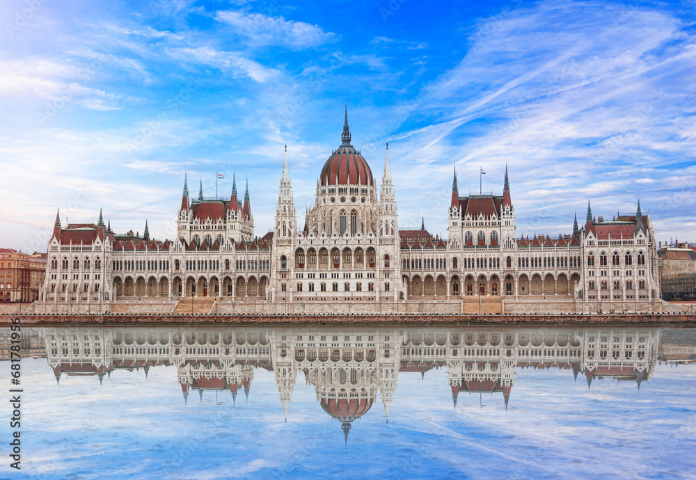 Fototapeta premium Parliament building in Budapest. Hungary. The building of the Hungarian Parliament is located on the banks of the Danube River, in the center of Budapest.