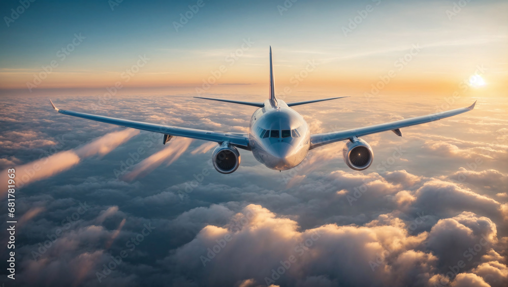 Obraz premium The Beauty of Aviation: A stunning view of an airliner above dramatic clouds during an evening sunset