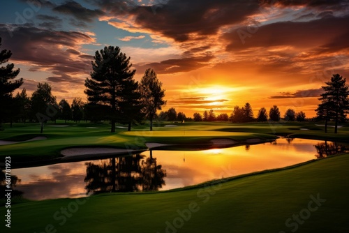 Vibrant Green gold course sunset grass. Vacation sport. Generate AI photo