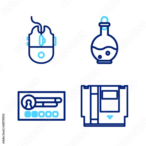 Set line Cartridge, Create account screen, Bottle with magic elixir and Computer mouse gaming icon. Vector