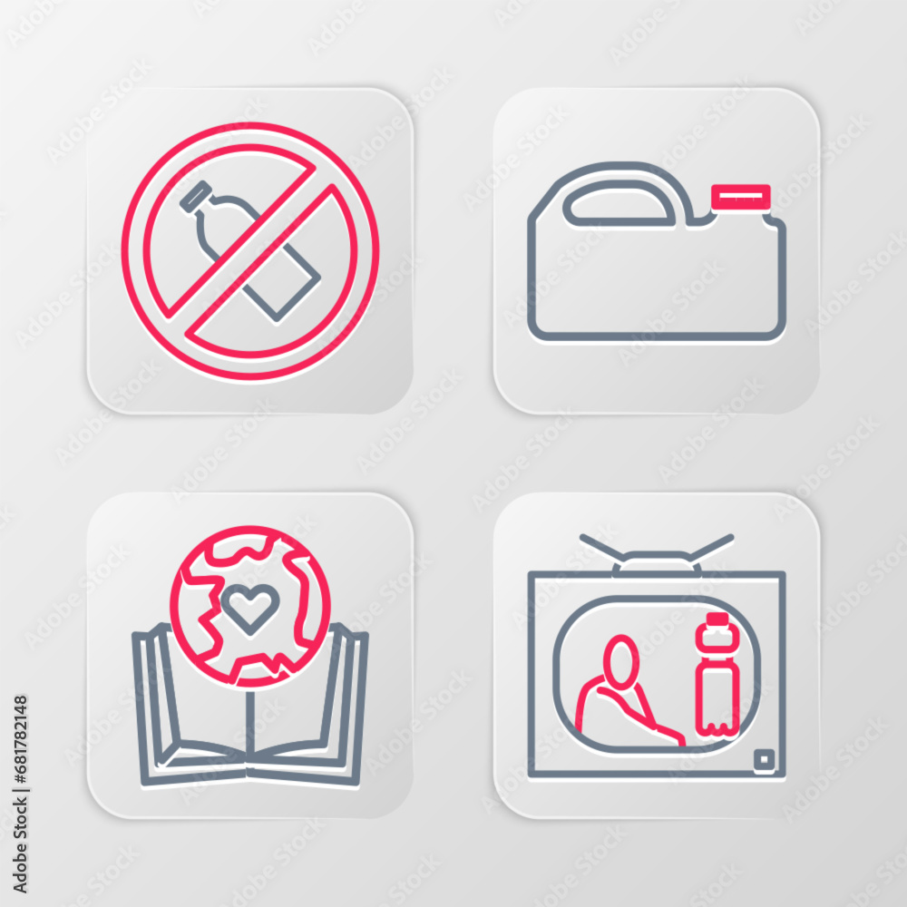 Set line Stop plastic pollution, Earth globe and book, Canister for machine oil and No bottle icon. Vector Set line Stop plastic pollution, Earth globe and book, Canister for machine oil and No bottle icon. Vector