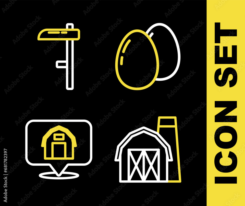 Set line Chicken egg, Farm house, Location farm and Scythe icon. Vector Set line Chicken egg, Farm house, Location farm and Scythe icon. Vector
