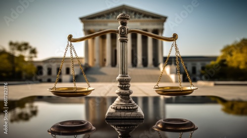Symbolic of the demand for effective, accountable, and inclusive institutions, a balanced scale graces the area in front of a government building.