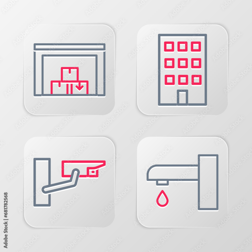 Set line Water tap, Security camera, House and Warehouse icon. Vector Set line Water tap, Security camera, House and Warehouse icon. Vector