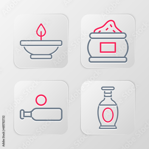 Set line Indian vase, Wood cricket bat and ball, spice and Aroma lamp icon. Vector