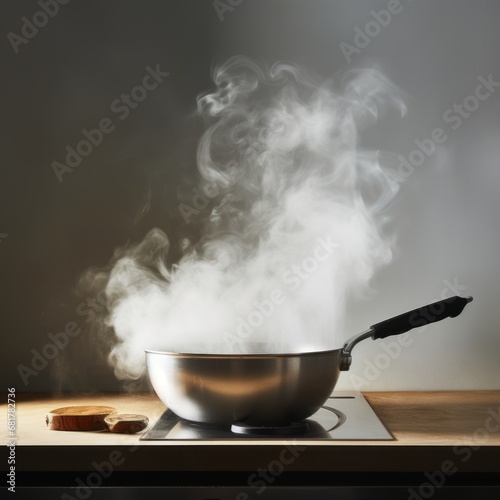A frying pan sizzling in a sleek white kitchen, emitting oil vapor.