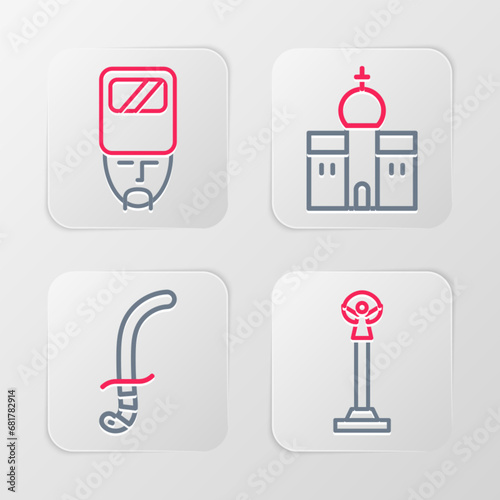 Set line Monument of Independence  Medieval sword  Church building and Ukrainian cossack icon. Vector