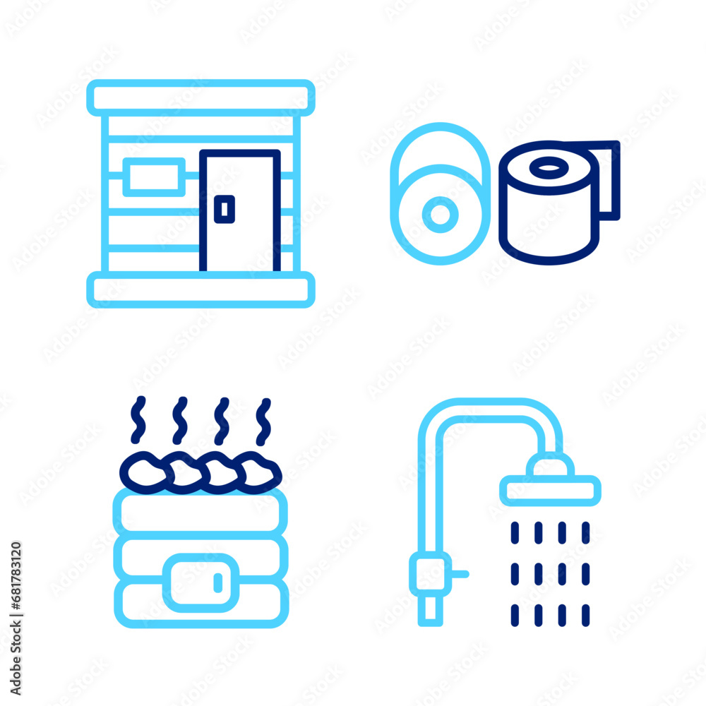 Set line Shower, Hot sauna stones, Toilet paper roll and Sauna wooden bathhouse icon. Vector Set line Shower, Hot sauna stones, Toilet paper roll and Sauna wooden bathhouse icon. Vector