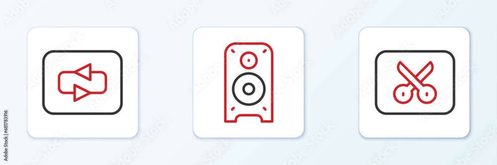 Set line Music or video editing, Repeat button and Stereo speaker icon. Vector Set line Music or video editing, Repeat button and Stereo speaker icon. Vector