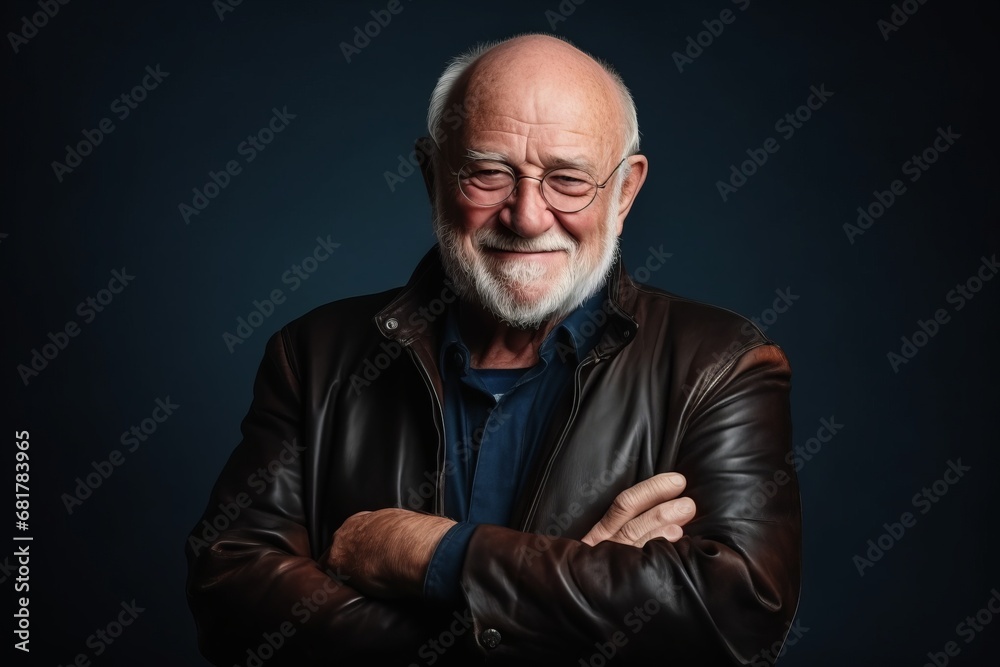 Elderly man wearing a leather jacket on a dark background. Elderly man wearing a leather jacket on a dark background.