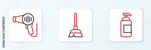 Set line Antibacterial soap, Hair dryer and Handle broom icon. Vector