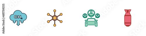 Set Methane emissions reduction, Network, Car sharing and Aviation bomb icon. Vector