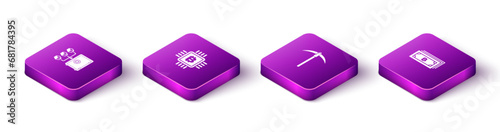 Set Isometric Proof of stake, CPU mining farm, Pickaxe and Cryptocurrency bitcoin icon. Vector