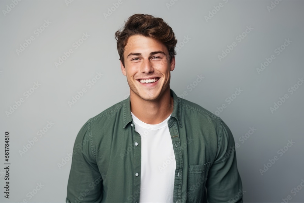 Portrait of a handsome young man smiling while standing against grey background Portrait of a handsome young man smiling while standing against grey background