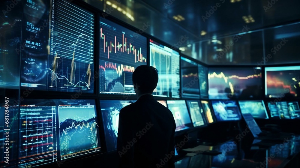 a person standing in front of a large screen with many monitors a person standing in front of a large screen with many monitors