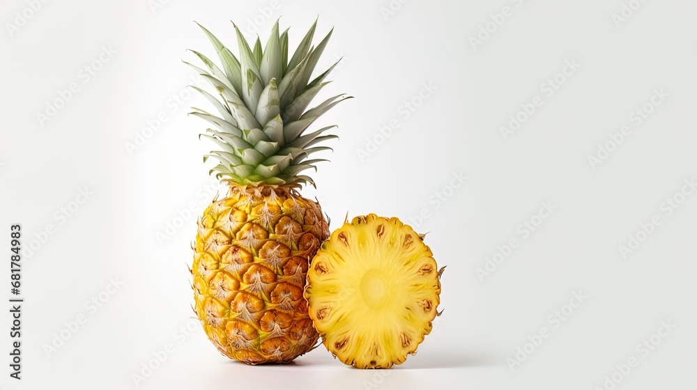 Freshly cut pineapple presented on a simple white background Freshly cut pineapple presented on a simple white background