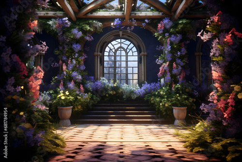 3d rendering of a fantasy garden with flowers and stairway  Ai Generated