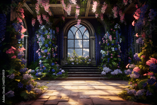 3D rendering of a garden with flowers in front of a window  Ai Generated