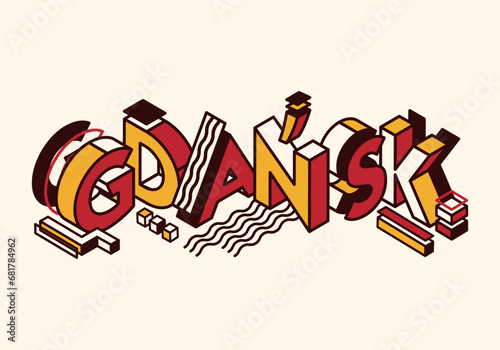 Gdansk isometric lettering. Stock vector illustration for poster, banner, print, greeting card. White, red, yellow colors of Gdansk flag. Creative logo, icon for city of Poland.