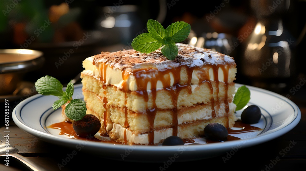 Tiramisu cake with chocolate sauce and mint on wooden table Tiramisu cake with chocolate sauce and mint on wooden table