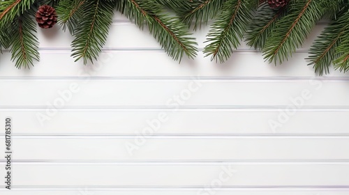View from above captures Christmas tree branches and lively decorations on a white wooden backdrop