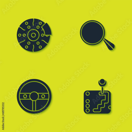 Set Car brake disk with caliper, Gear shifter, Steering wheel and mirror icon. Vector