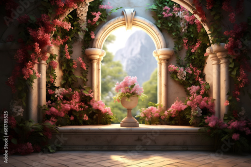 Beautiful archway with flowers, Ai Generated