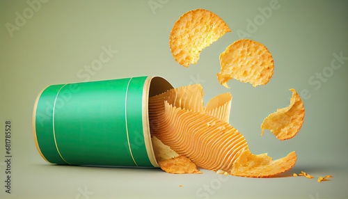 Crispy Potato chips rolled out Green cylinder snack background food yellow delicious salty thin calorie fast pile fat taste salt white closeup fried crunchy spicey isolated flat colours serrate