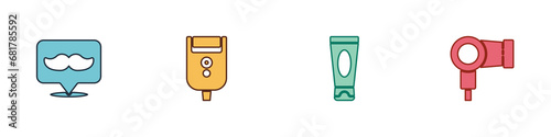 Set Barbershop, Electric razor blade for men, Cream lotion cosmetic tube and Hair dryer icon. Vector
