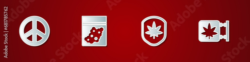 Set Peace, Plastic bag of cannabis, Shield and marijuana leaf and Marijuana store icon. Vector