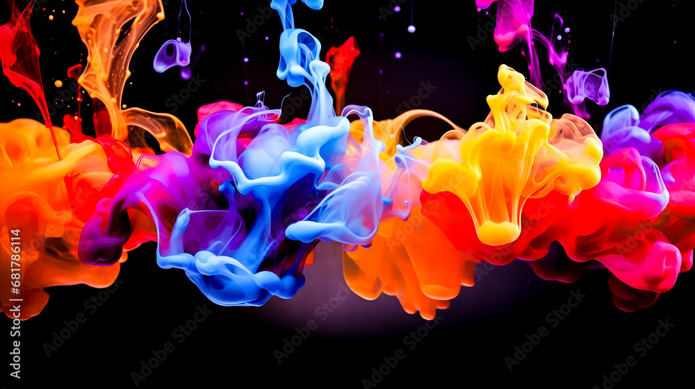 Group of colored liquids floating in the air on black background.