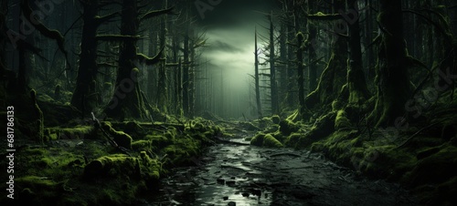 Enigmatic Night  Dark and Mystical Forest with Twisted Trees and Tranquil Stream
