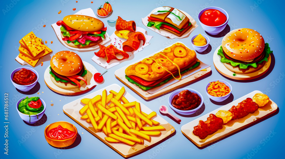 Table topped with plates of food and sandwich on top of cutting board.