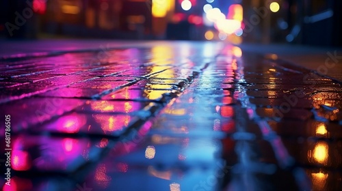 a wet road with red lights