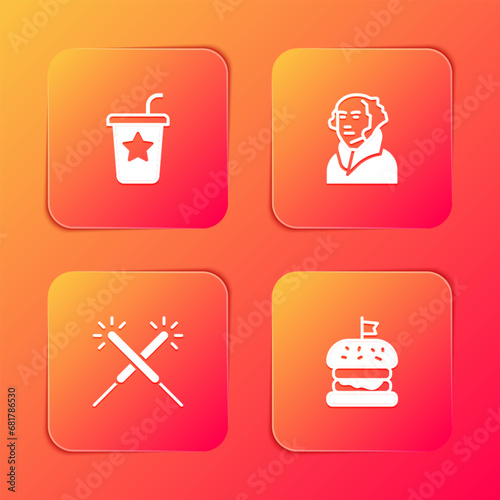 Set Paper glass with straw  George Washington  Sparkler firework and Burger icon. Vector