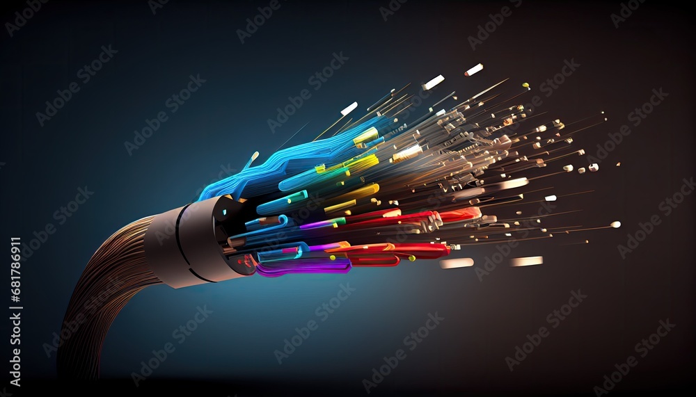 fiber optic technology concept background 3d render cable light motion science information futuristic global connection datum network movement tech traffic development stream - obrazy, fototapety, plakaty 
