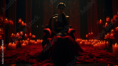 A woman sitting in a chair wearing a red dress in a dark room