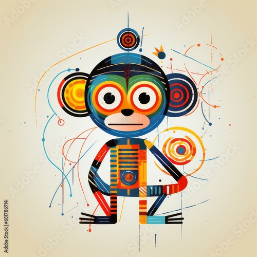 A delightful little monkey appears in a children's stick figure drawing, featuring bright colors and slightly abstract round lines.